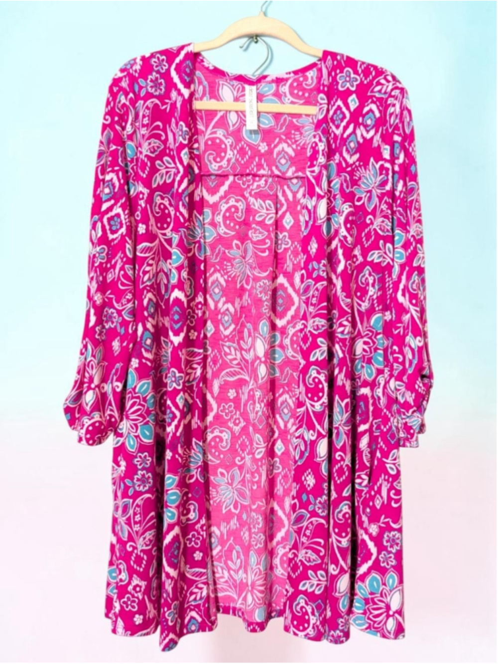 Women's Dear Scarlett Duster Cardigan 2X Pink White Floral Print Open Front
